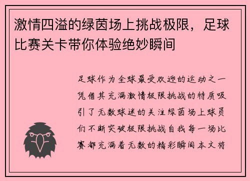 激情四溢的绿茵场上挑战极限，足球比赛关卡带你体验绝妙瞬间