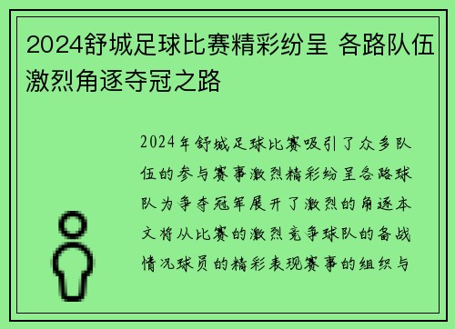 2024舒城足球比赛精彩纷呈 各路队伍激烈角逐夺冠之路
