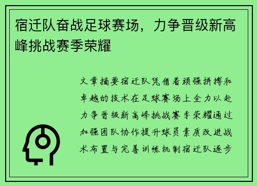 宿迁队奋战足球赛场，力争晋级新高峰挑战赛季荣耀