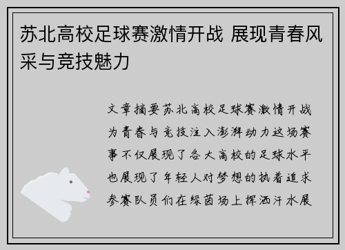 苏北高校足球赛激情开战 展现青春风采与竞技魅力
