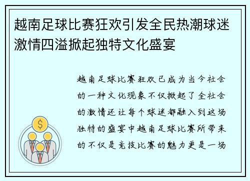 越南足球比赛狂欢引发全民热潮球迷激情四溢掀起独特文化盛宴