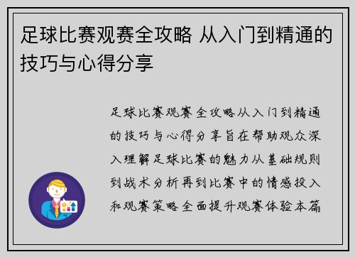 足球比赛观赛全攻略 从入门到精通的技巧与心得分享