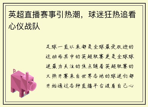 英超直播赛事引热潮，球迷狂热追看心仪战队