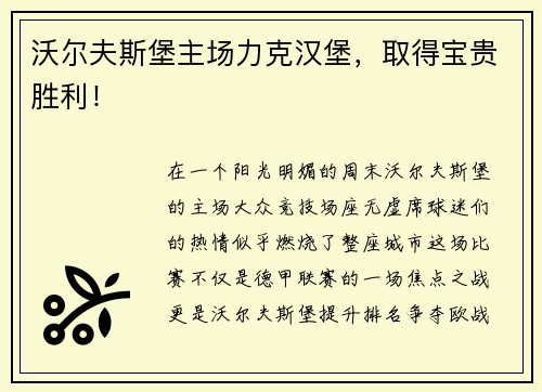 沃尔夫斯堡主场力克汉堡，取得宝贵胜利！