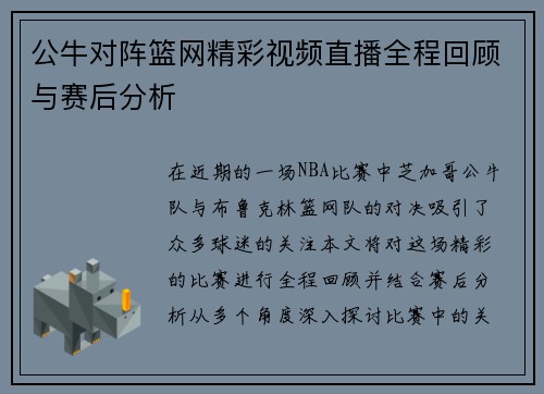公牛对阵篮网精彩视频直播全程回顾与赛后分析