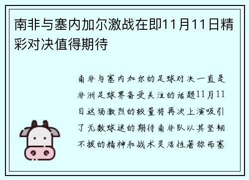 南非与塞内加尔激战在即11月11日精彩对决值得期待