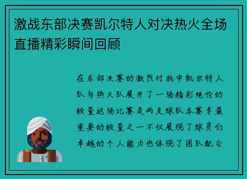 激战东部决赛凯尔特人对决热火全场直播精彩瞬间回顾