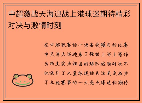 中超激战天海迎战上港球迷期待精彩对决与激情时刻