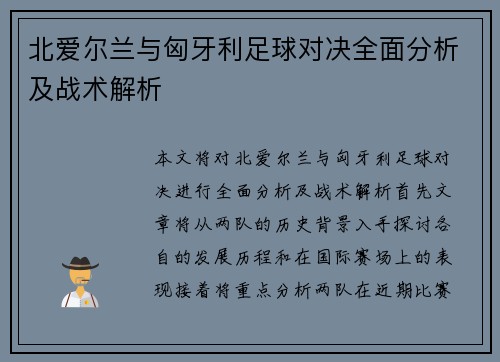 北爱尔兰与匈牙利足球对决全面分析及战术解析