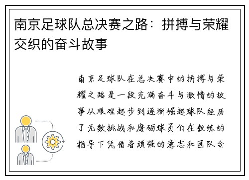 南京足球队总决赛之路：拼搏与荣耀交织的奋斗故事