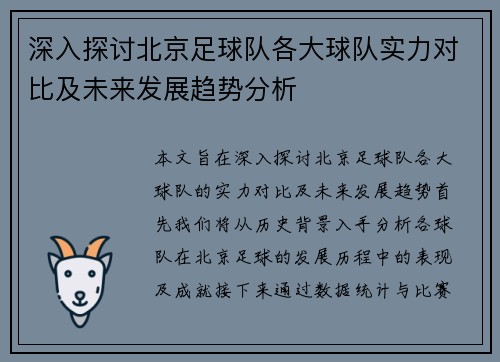 深入探讨北京足球队各大球队实力对比及未来发展趋势分析