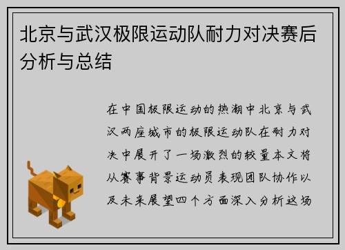 北京与武汉极限运动队耐力对决赛后分析与总结
